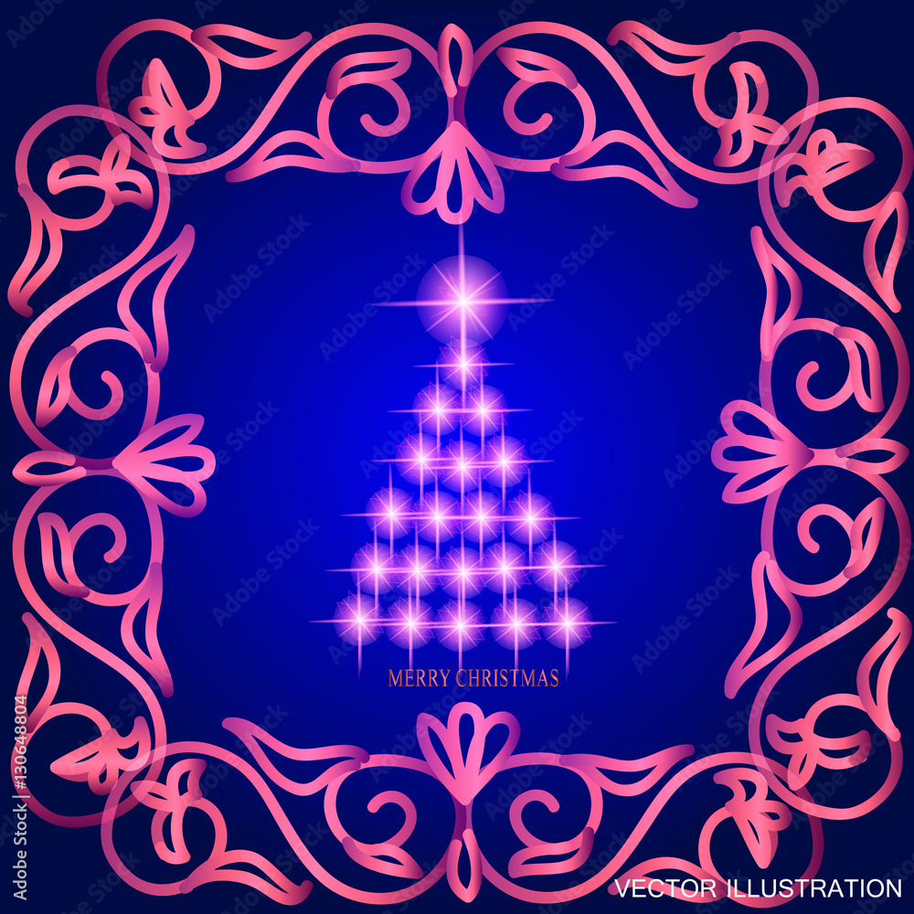 Abstract waves background with christmas tree. Vector illustration in blue and pink colors.