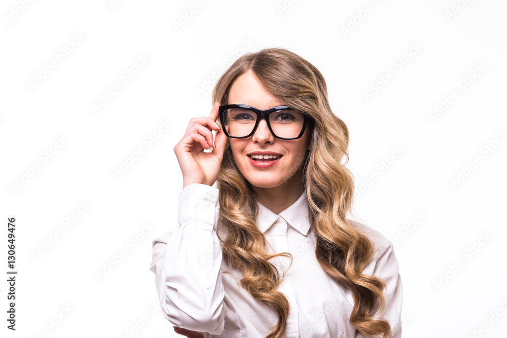 Portrait of young business girl with eyeglasses on white backgroung Portrait of young business girl with eyeglasses on white backgroung