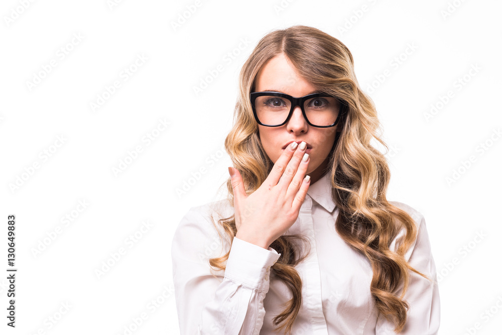 Young business girl with eyeglasses shy on white backgroung Young business girl with eyeglasses shy on white backgroung
