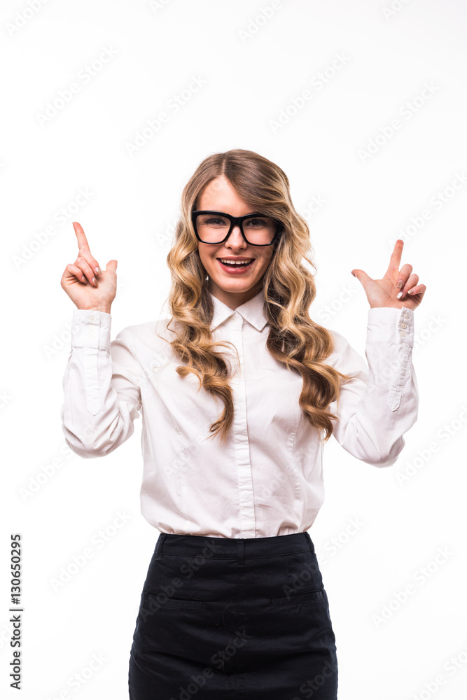 Young business girl with eyeglasses pointed up on white backgroung Young business girl with eyeglasses pointed up on white backgroung