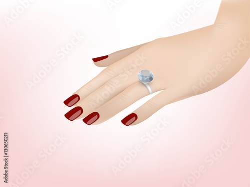 beautiful illustration vector design of close up of hand of woman showing the ring with beautiful diamond. graphic design concept of engaged