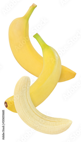 hanging, falling, soaring and flying banana fruits and peeled piece isolated on white background with clipping path