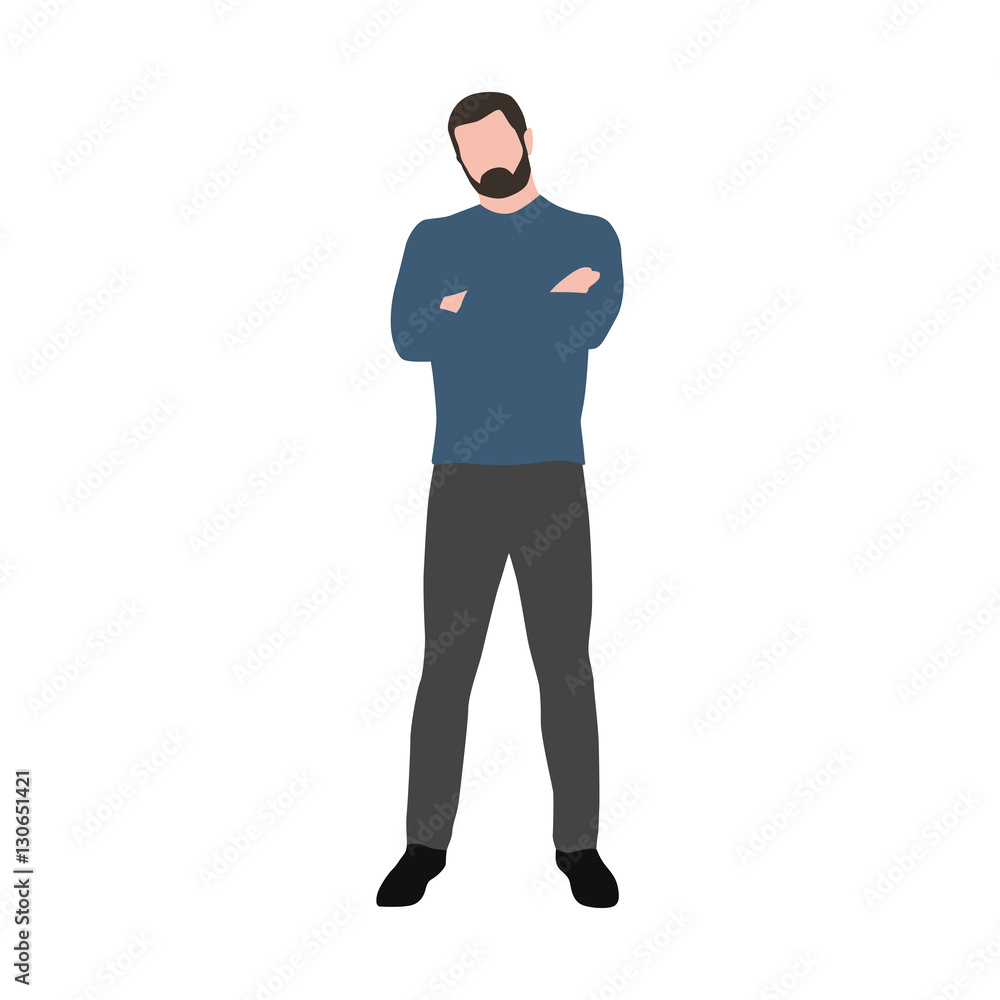 Man in blue sweater standing with folded hands, vector illustrat Man in blue sweater standing with folded hands, vector illustrat
