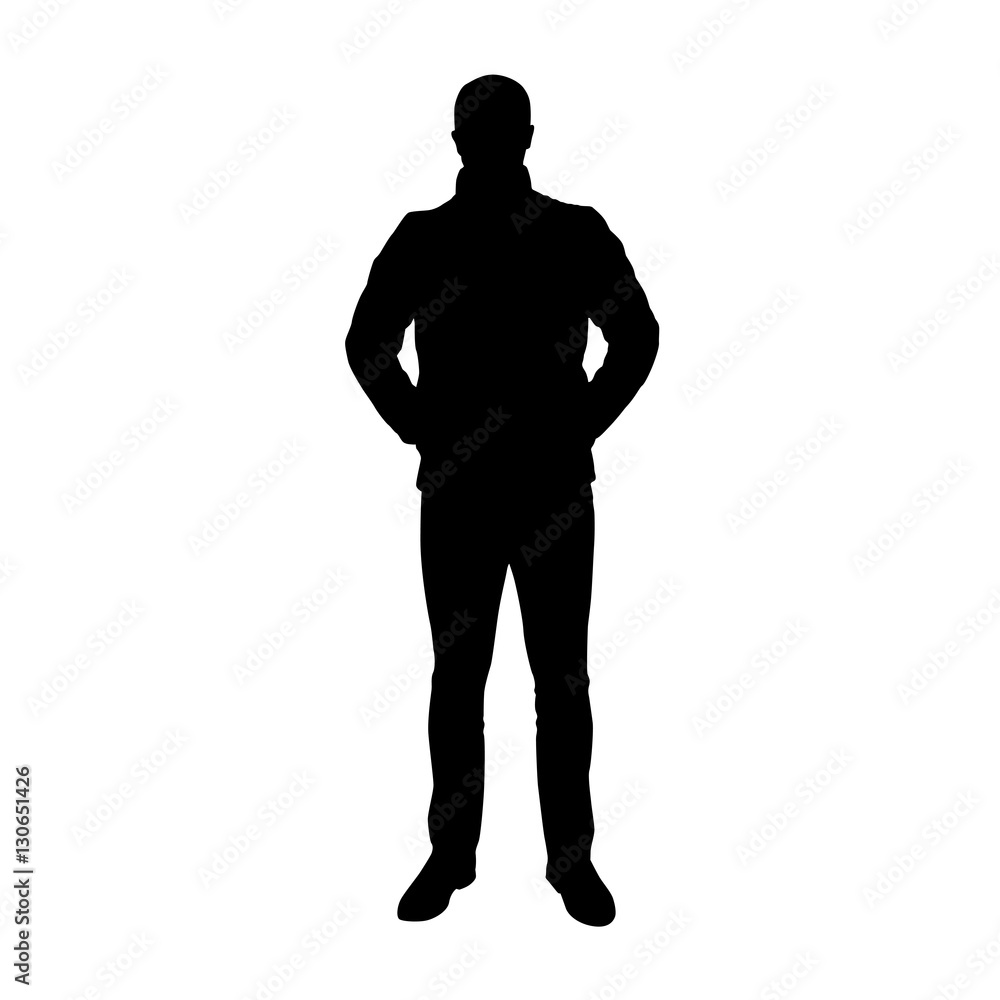 Standing man in jacket, hands in pockets, vector silhouette.