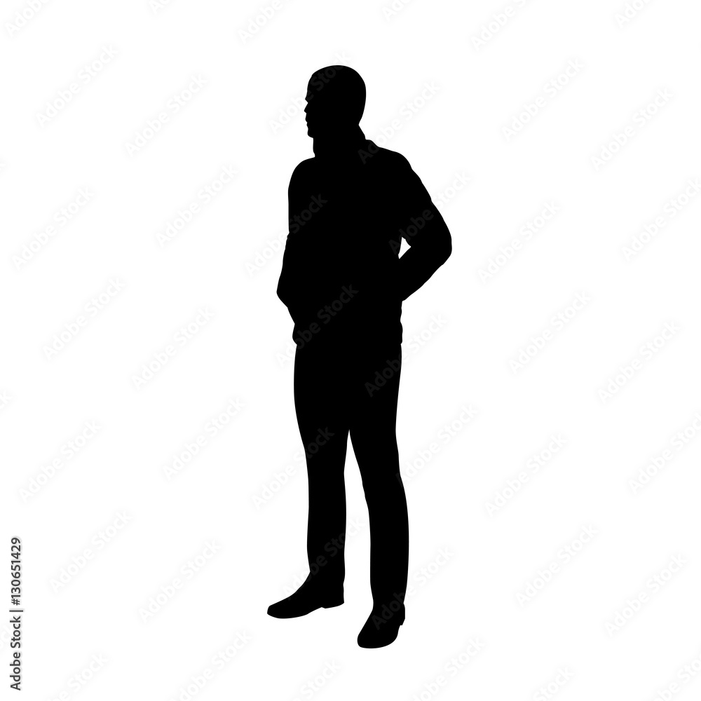 Standing man in jacket, hands in pockets, vector silhouette.