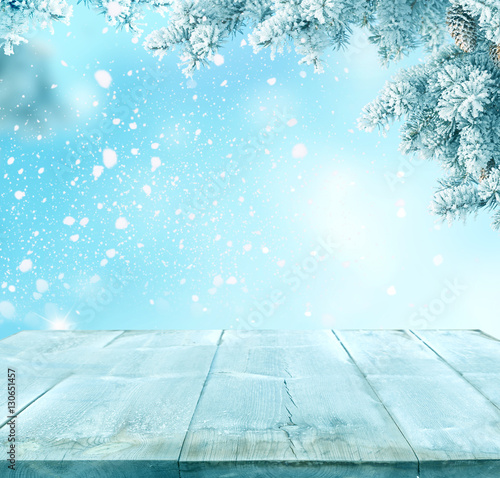 Merry christmas and happy new year greeting background with table