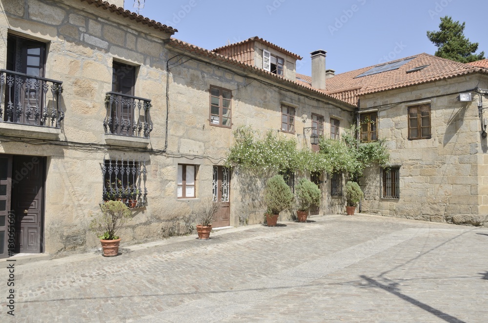 Stone houses in a plaza in Cambados, Spain