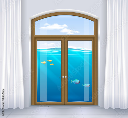 The underwater world of the window of the apartment. Concept on a theme of flooding or diving. Transparency. Vector graphics