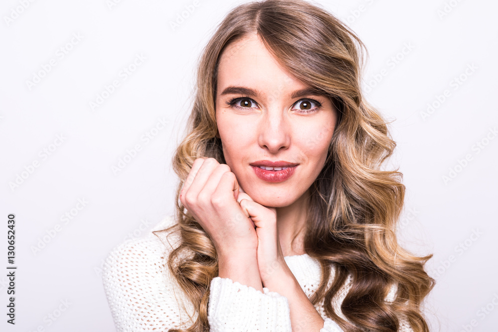 Pretty girl model in sweater isoleted on grey Pretty girl model in sweater isoleted on grey