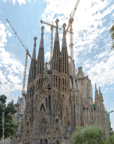 Cranes are over Sagrada Familia towers in Barcelona, Catalonia,