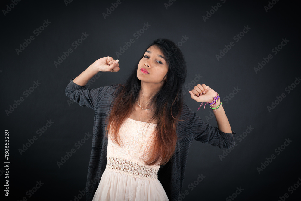 Beautiful woman doing different expressions in different sets of clothes: wake up Beautiful woman doing different expressions in different sets of clothes: wake up