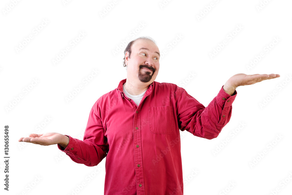 Man weighing up pros and cons with hands Man weighing up pros and cons with hands