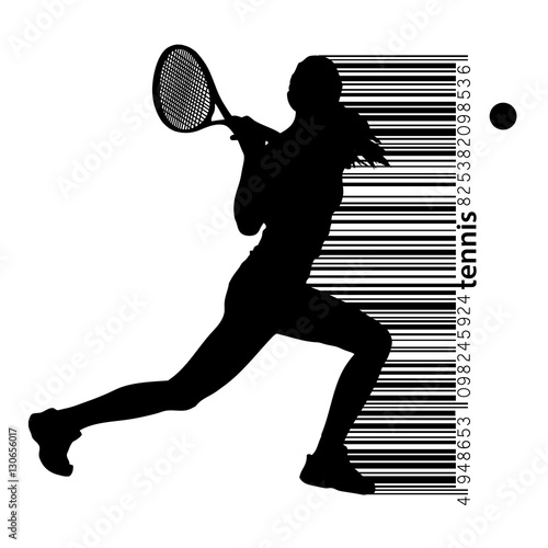 Silhouette of a tennis player and barcode