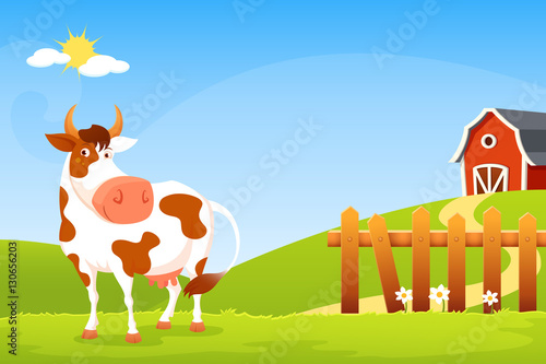 cute cartoon illustration of a happy cow on farm