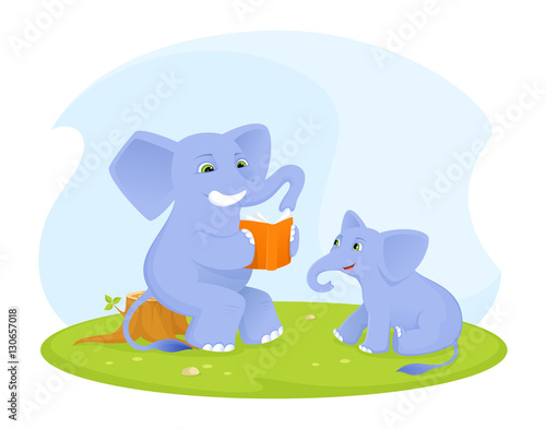 Fototapeta Naklejka Na Ścianę i Meble -  cute elephant baby listening to his parent reading a book