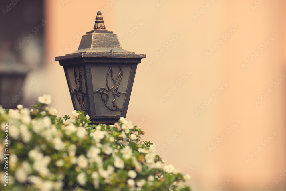 Metal lantern and white flowers in old part of European city. 
