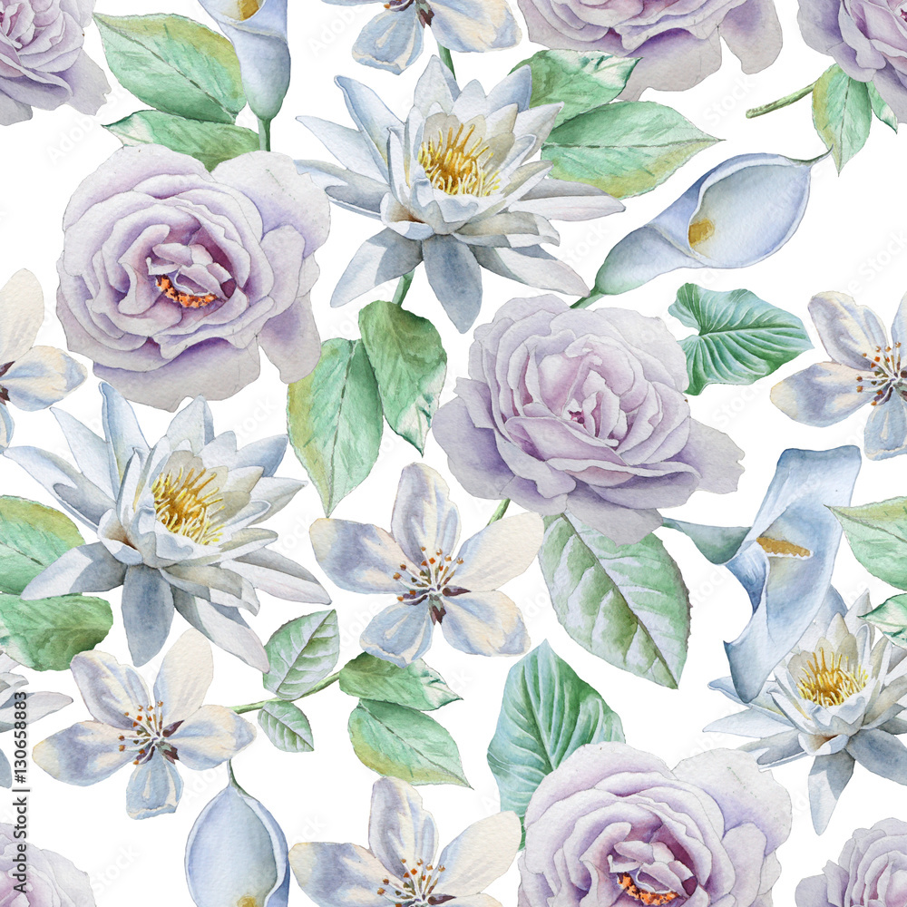 Seamless pattern with flowers. Rose. Lily. Watercolor illustration.