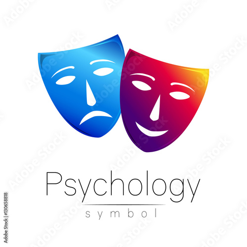 Two masks with different emotions. Vector illustration. Blue and violet color. Modern sign of Psychology. Design concept. Brand company. Icon for web, print