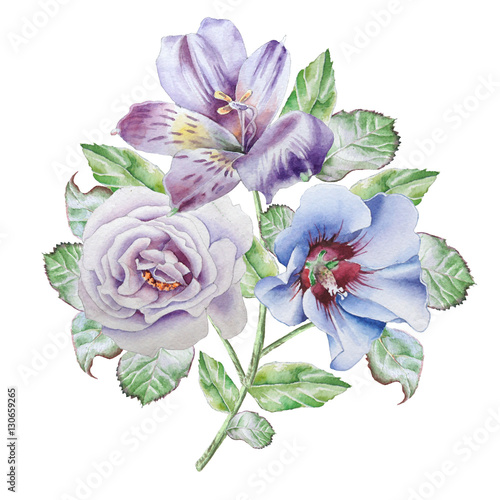 Floral card with flowers. Alstroemeria. Rose. Watercolor illustration. © redneks