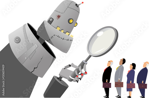 Giant robot manager examining human employees under a magnifying glass, EPS 8 vector illustration