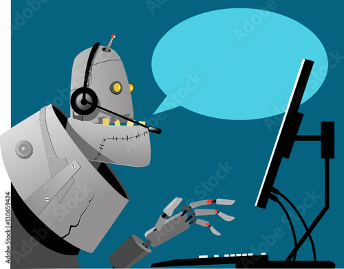 Robot working in a call center, empty speech bubble on the background, EPS 8 vector illustration, no transparencies 
