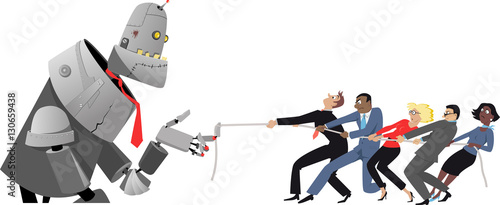 Giant robot winning tug of war with a group of humans, EPS8 vector illustration, no transparencies