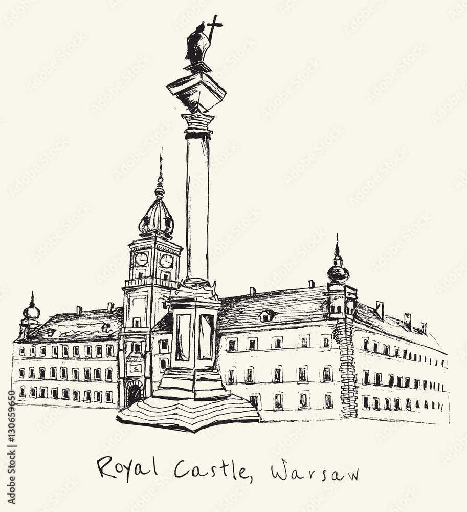 Hand drawn Royal Castle in Warsaw on ecru background