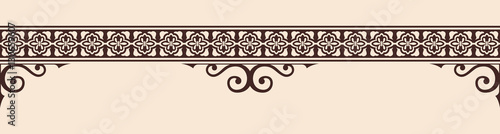 Seamless vintage ornament with elements of Gothic style. Brown pattern on a beige background.