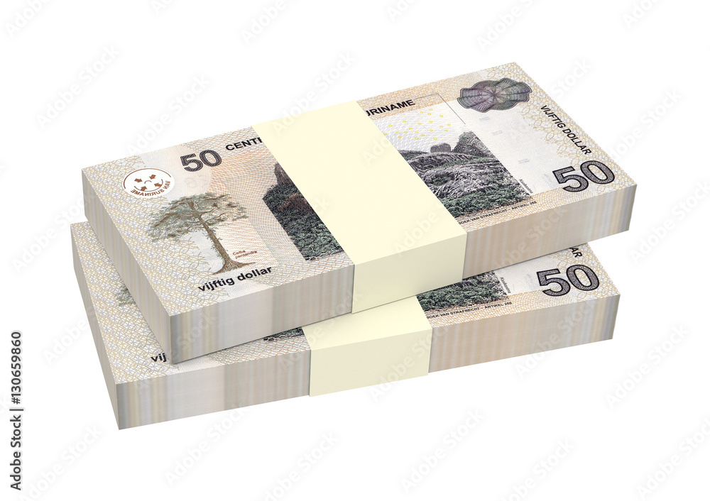Surinamese dollar bills stack isolated on white background. 3D illustration. Surinamese dollar bills stack isolated on white background. 3D illustration.