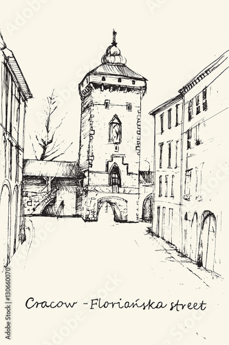 Obraz na płótnie Hand drawn Florianska Street in Cracow on ecru background w salonie