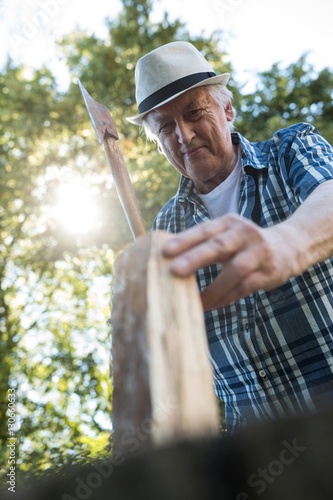 Senior man chopping firewood