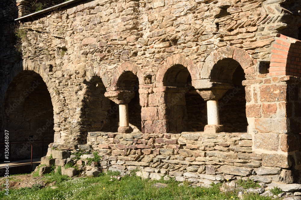 Cloister of Old romanesque monastery (late eighth century) Sant Quirze de Colera, Alt Emporda, Girona province, Catalonia, Spain