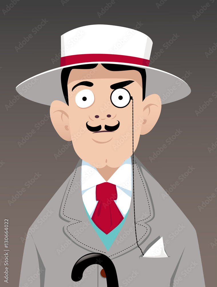 Portrait of a man in 1920s style attire, in a boater hat and with a  monocle, EPS 8 vector illustration, no transparencies Stock Vector