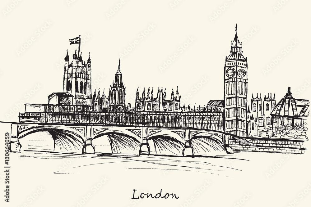 Hand drawn London City on ecru background - obrazy, fototapety, plakaty 