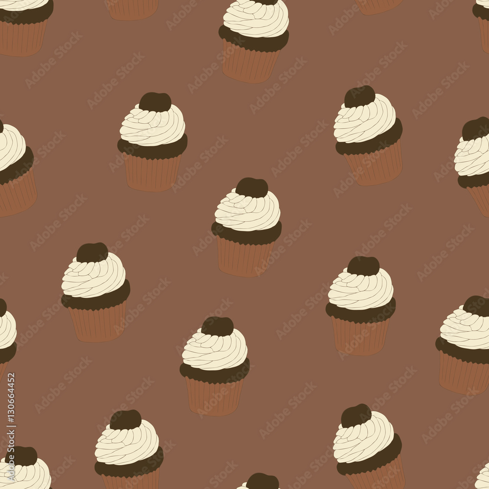 Seamless pattern with hand drawn and painted cupcakes. Vector graphic. Beautiful delicious sweets for girls. Creamy cakes illustration. Brown background. Seamless pattern with hand drawn and painted cupcakes. Vector graphic. Beautiful delicious sweets for girls. Creamy cakes illustration. Brown background.