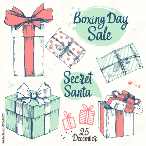 Vector holiday illustration set. Christmas present on white background. Beautiful gift box with ribbon in sketch style. Boxing day. Secret Santa party.
