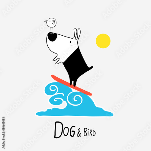 Dog & Bird surfing, vector illustration