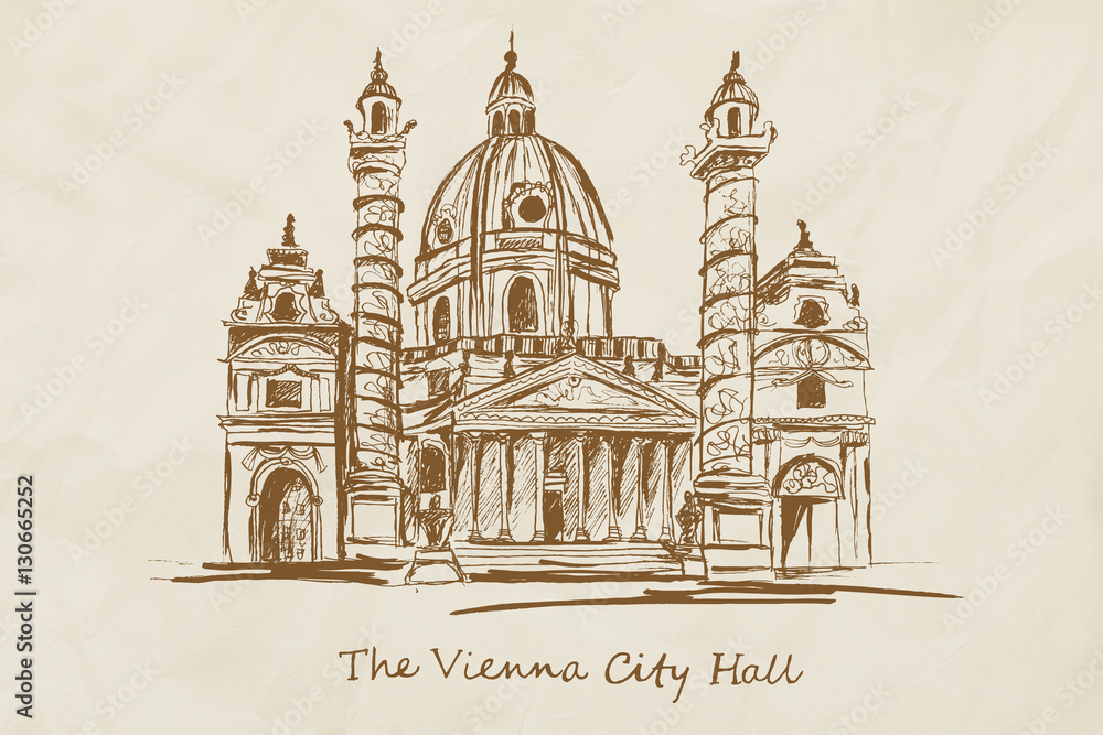 Hand drawn The Vienna City Hall on vintage paper