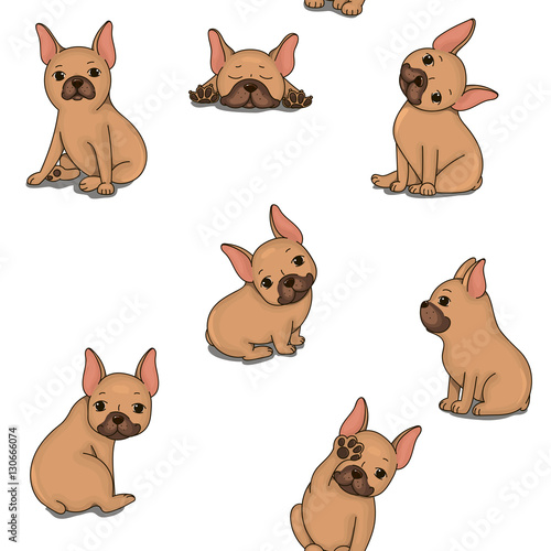 Seamless pattern with cute french bulldog on white background. Vector illustration.