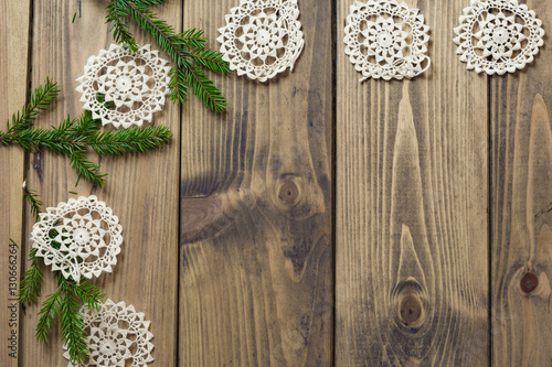 Background with Christmas decorations and old wooden table. Spa
