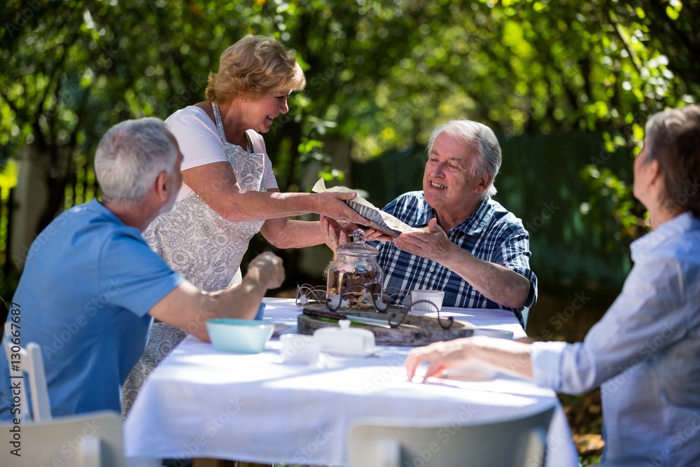 Senior couples having breakfast in garden Senior couples having breakfast in garden