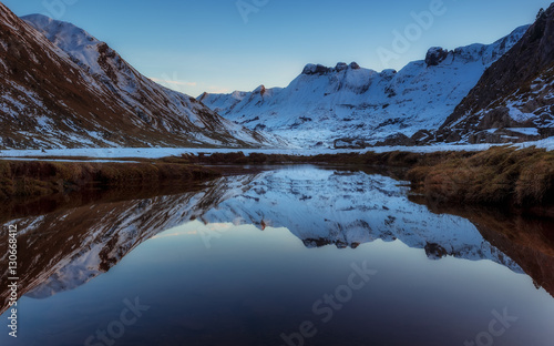 Snowed mountain reflection in the river