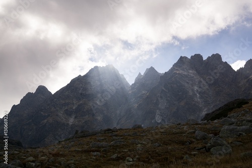 Beam of light from clouds and views of High Tatras Mountains. Slovakia