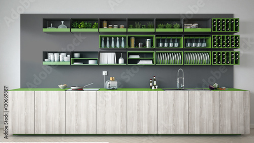 Scandinavian gray kitchen with wooden and green details, minimal