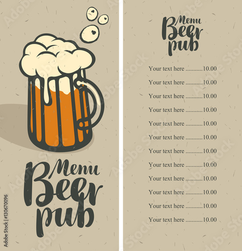 menu with price list for a pub with a glass of beer