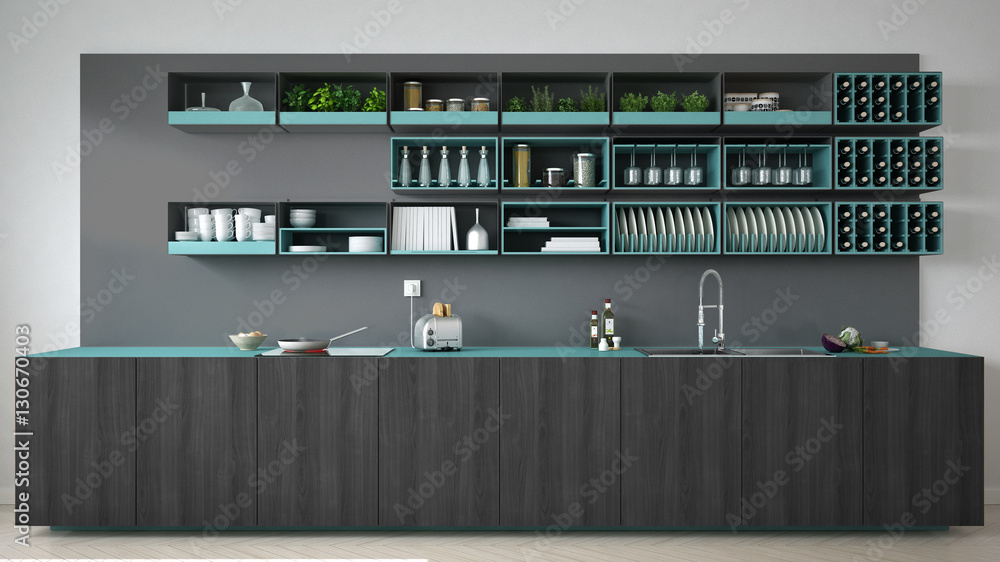 Scandinavian gray kitchen with wooden and turquoise details, min
