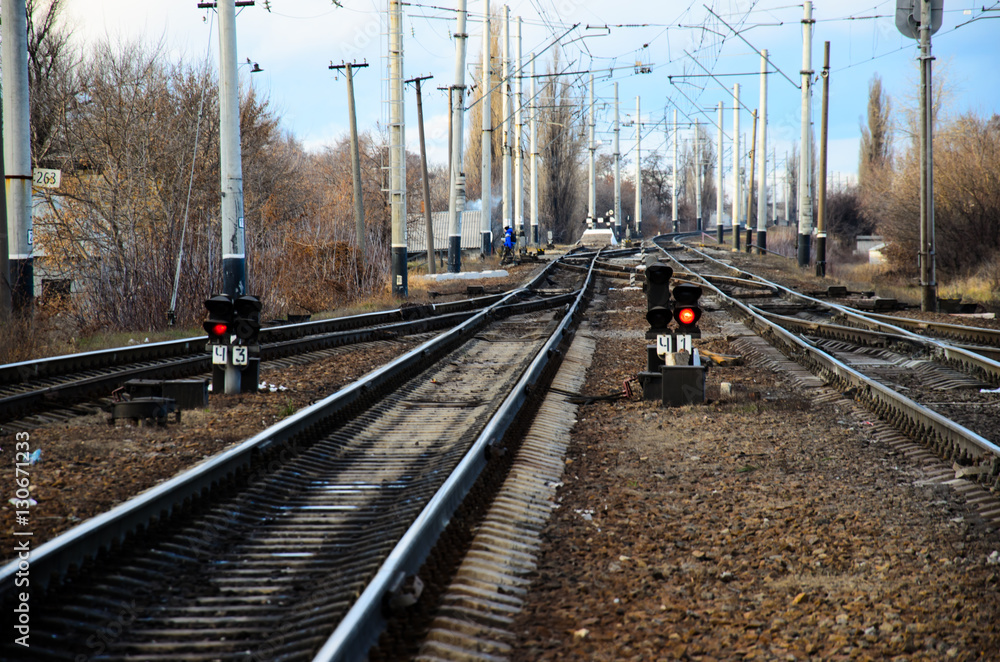 Red signal on semaphore on railroad track Red signal on semaphore on railroad track