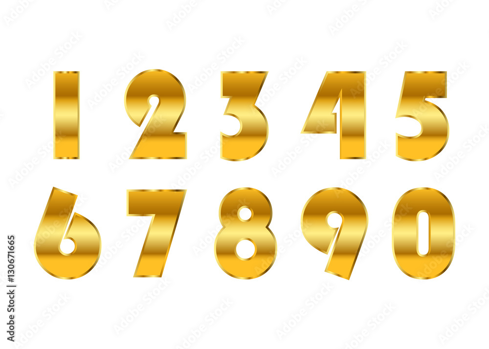 Gold 3d metallic numbers set. Golden metal texture font, isolated on white background. Luxury type symbols. Elegant typography graphic. Bright royal style typeset decoration. Vector illustration Gold 3d metallic numbers set. Golden metal texture font, isolated on white background. Luxury type symbols. Elegant typography graphic. Bright royal style typeset decoration. Vector illustration