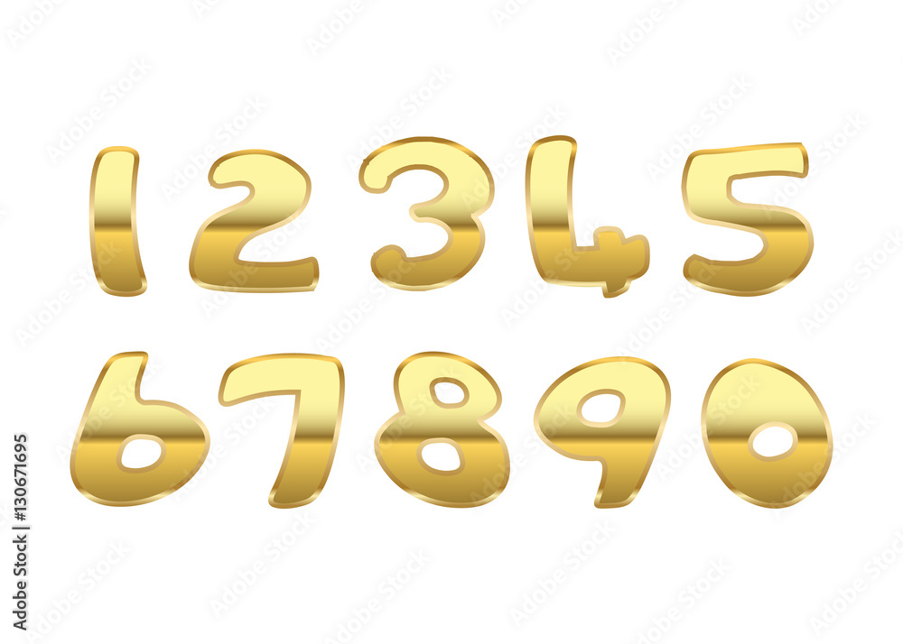 Gold numbers set. Golden metallic font, isolated on white background. Beautiful typography metal design for decoration. Symbol elegance royal graphic. Modern fashion signs. Vector illustration Gold numbers set. Golden metallic font, isolated on white background. Beautiful typography metal design for decoration. Symbol elegance royal graphic. Modern fashion signs. Vector illustration