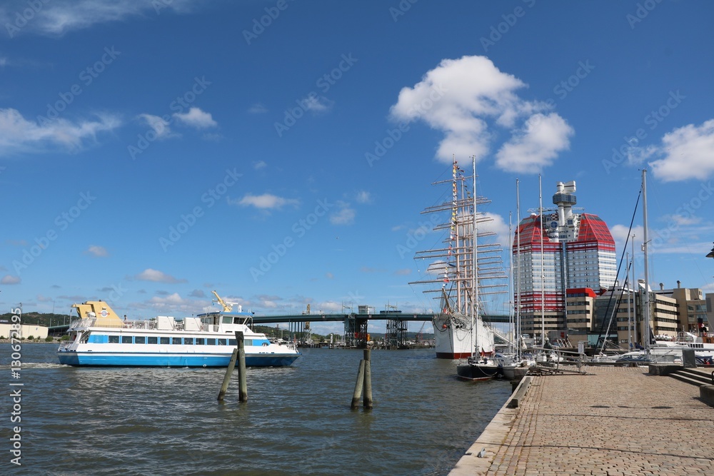 Ferry boat reached Gothenburg waterfront Lilla Bommen in Sweden, Scandinavia 